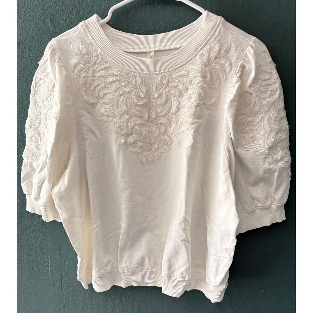 Anthropologie Embroidered Puff-Sleeve Sweatshirt L Ivory Floral Crewneck - Picture 2 of 8